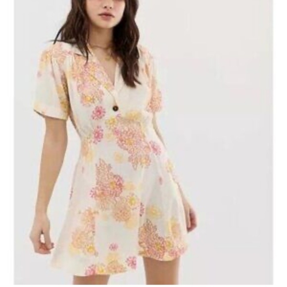 Free People Hawaii Dress Empire Waist Short Sleeve Mini Length Pink Yellow Cream - Picture 3 of 15